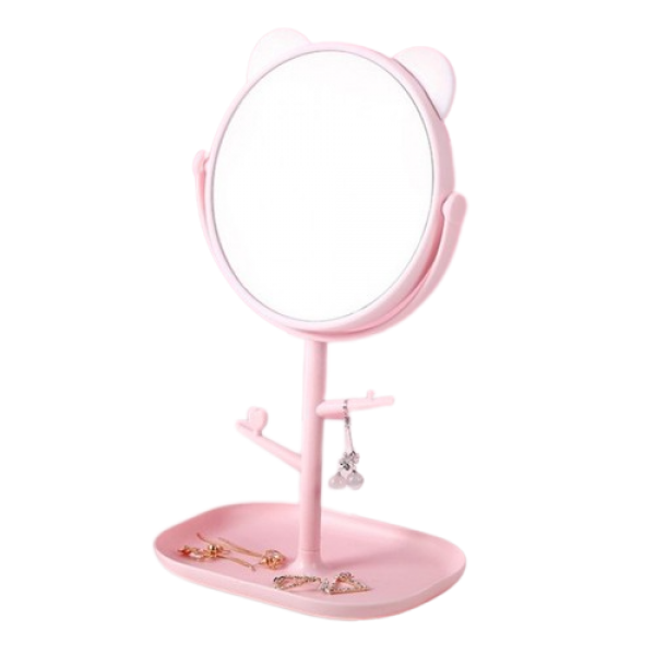 Дзеркало косметичне з вушками ведмедя, на підставці, з органайзером, рожеве