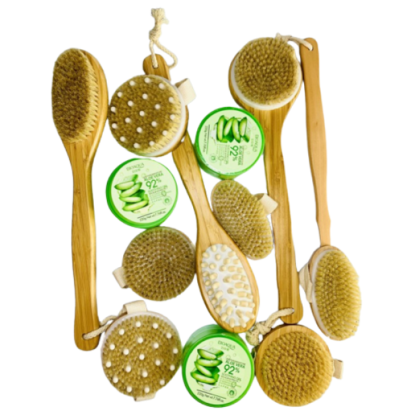 Набір для догляду за тілом: Щітка з натуральною щетиною, для сухого масажу (на вибір) + Гель з алое Bioaqua Aloe Vera, 220 г