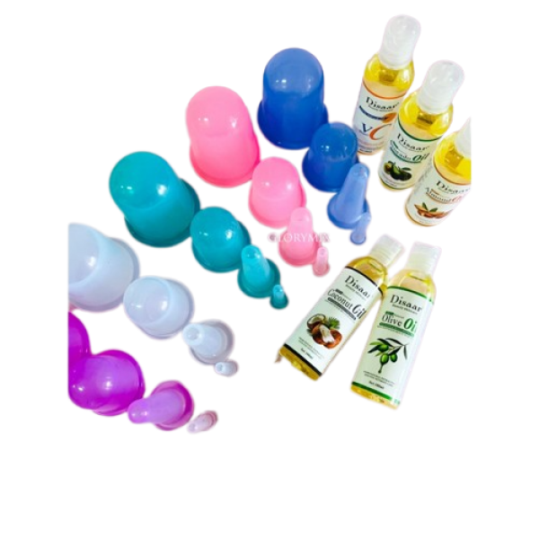 Набір для догляду за тілом: силіконові вакуумні банки для обличчя та тіла + масажна олія Disaar (на вибір)