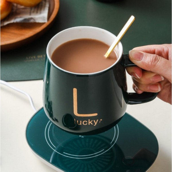 Чашка керамічна темно-зелена з підставкою - підігрівом, зарядкою USB і ложечкою в упаковці-пакеті, 350мл