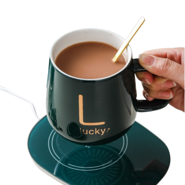 Чашка керамічна темно-зелена з підставкою - підігрівом, зарядкою USB і ложечкою в упаковці-пакеті, 350мл