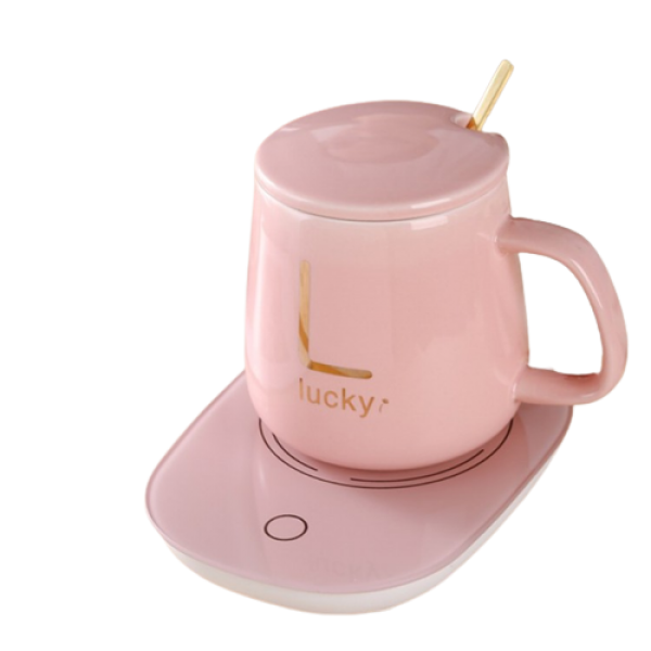 Чашка керамічна ніжно-рожева з підставкою - підігрівом, зарядкою USB і ложечкою в упаковці-пакеті, 350мл