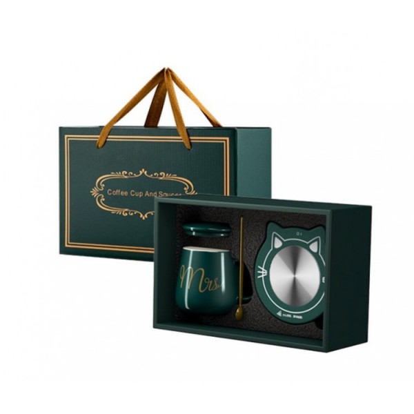 Чашка керамічна темно-зелена з підставкою - підігрівом (до + 55С), "Mister", 350 мл, 1 шт