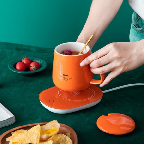 Чашка керамічна оранжева з підставкою - підігрівом, зарядкою USB і ложечкою в упаковці-пакеті, 350мл