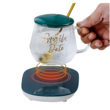 Чашка стеклянная "Save the Date" с подставкой - подогревом, зарядкой usb и ложечкой в подарочной упаковке, 350 мл, 1 шт