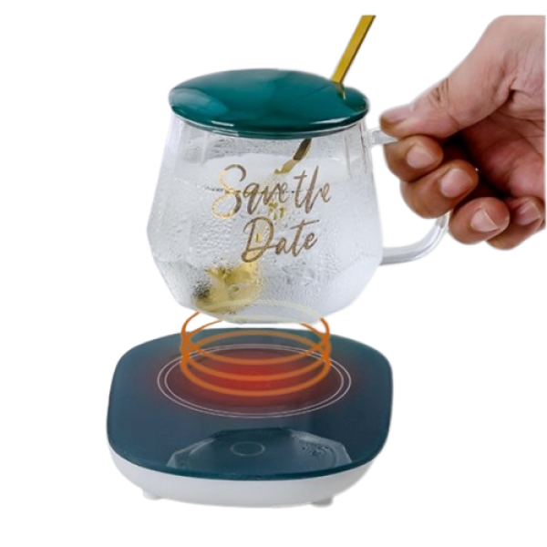 Чашка стеклянная "Save the Date" с подставкой - подогревом, зарядкой usb и ложечкой в подарочной упаковке, 350 мл, 1 шт