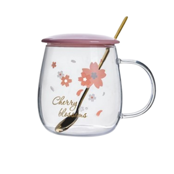 Кружка скляна "Cherry blossoms" з підставкою - підігрівом, зарядкою usb та ложечкою в подарунковій упаковці, 350 мл, 1 шт