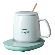 Чашка керамічна біла з підставкою - підігрівом, зарядкою USB і ложечкою в упаковці-пакеті, 350мл