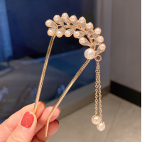 Шпилька для волосся "Золоті перлини", U-подібна,  проста металева шпилька в стилі ретро з перлами