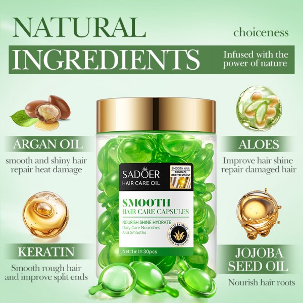 Вітамінні капсули для волосся SADOER Smooth Hair Care Capsules, зелені, 30 шт Вітамінні капсули для волосся SADOER Smooth Hair Care Capsules, зелені, 30 шт