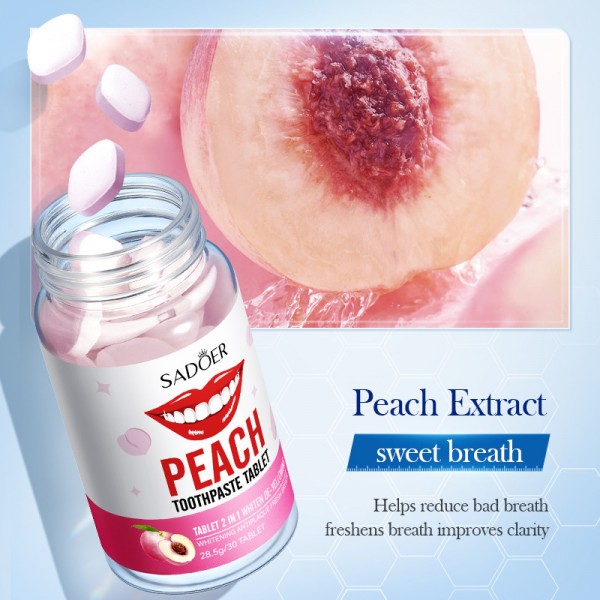 Таблетки зубної пасти 2 в 1 з персиком Sadoer Peach Toothpaste Tablets, 28.5 г / 30 шт