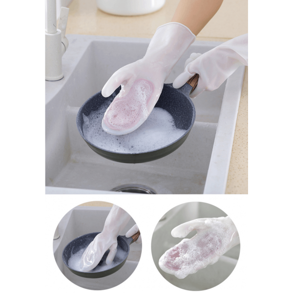 Рукавички силіконові для прибирання з щіткою, сірі, пара