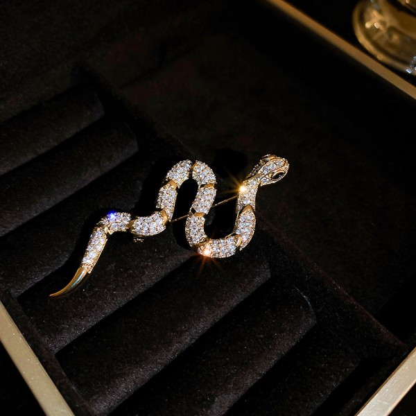 Брошка у формі змійки зі стразами "Snake Crystal Brooch", золото