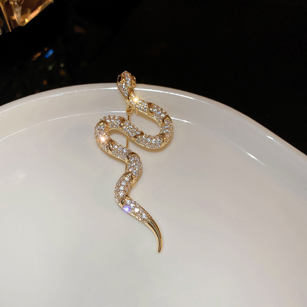 Брошка у формі змійки зі стразами "Snake Crystal Brooch", золото