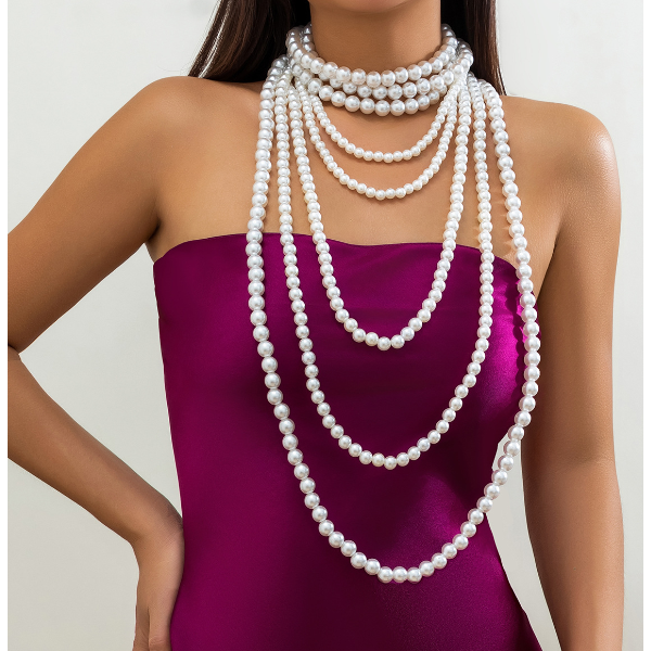 Чокер багатошаровий на шию "Long Pearls", з перлами, 35 см