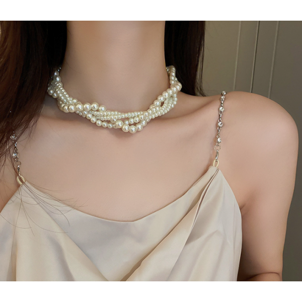 Чокер багатошаровий з перлами "Pearls", перлинний чокер, срібло