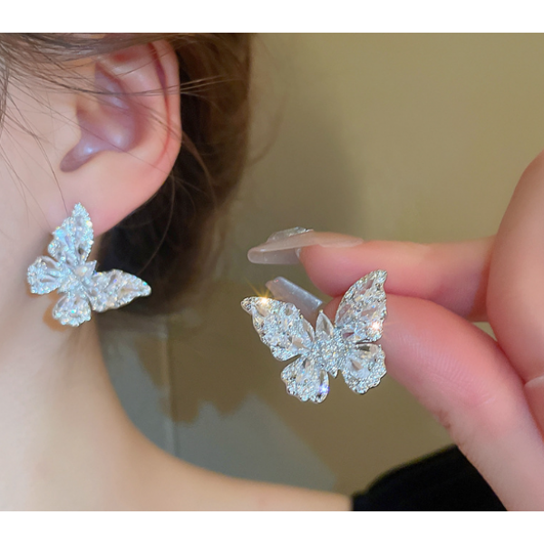 Серьги бабочки с камнями "Silver Butterfly", серебро, 2,8х3 см