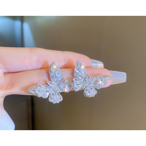 Серьги бабочки с камнями "Silver Butterfly", серебро, 2,8х3 см
