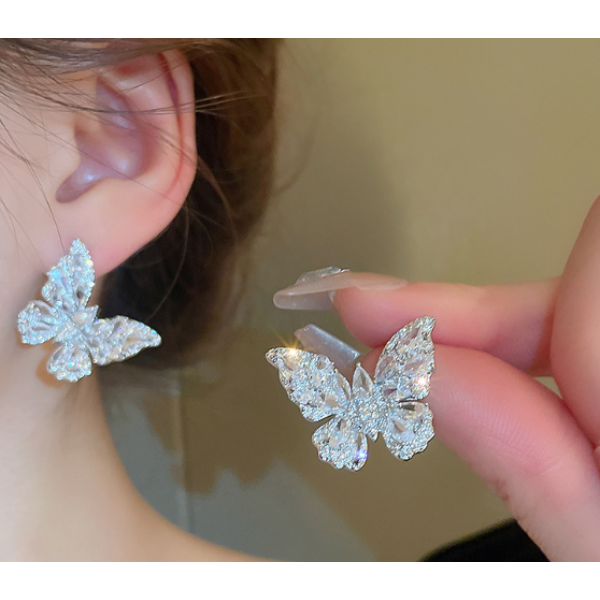 Серьги бабочки с камнями "Silver Butterfly", серебро, 2,8х3 см