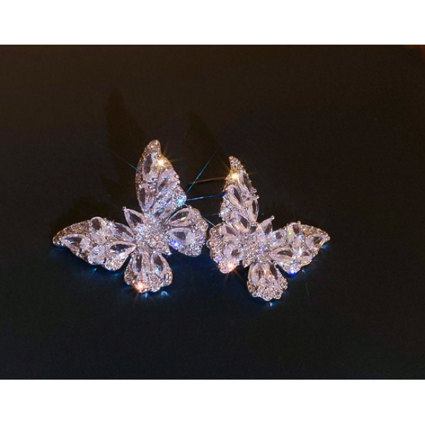 Серьги бабочки с камнями "Silver Butterfly", серебро, 2,8х3 см