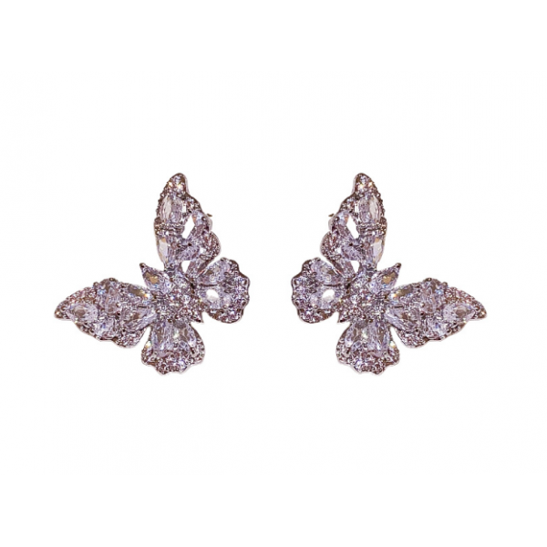 Серьги бабочки с камнями "Silver Butterfly", серебро, 2,8х3 см