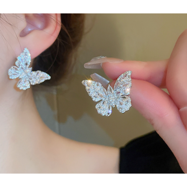 Серьги бабочки с камнями "Silver Butterfly", серебро, 2,8х3 см