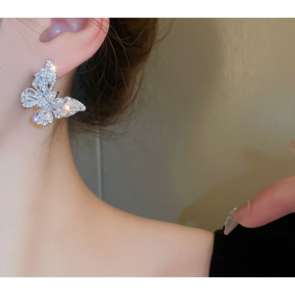 Серьги бабочки с камнями "Silver Butterfly", серебро, 2,8х3 см