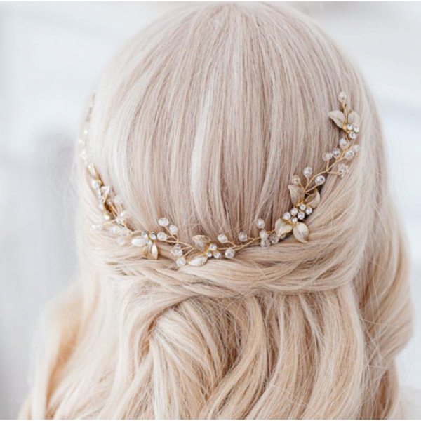 Шпилька - гребінець для волосся, зі стеклярусом та перлами, золото, 32 см