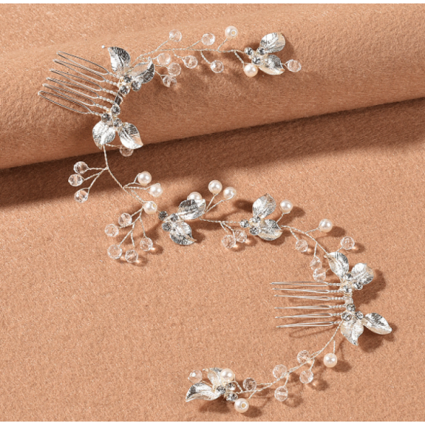 Шпилька - гребінець для волосся, зі стеклярусом та перлами, срібло, 32 см