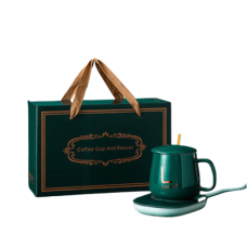 Чашка керамическая"Green Lucky" с подставкой - подогревом и китайской вилкой, зеленая, 300 мл