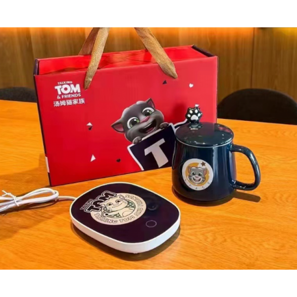 Чашка керамічна синя "Talking Tom", з підставкою - підігрівом, зарядкою USB і ложечкою в упаковці, 350мл