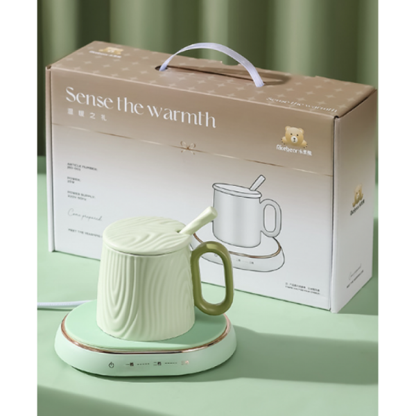 Чашка керамічна зелена "RiceBear" з підставкою - підігрівом, та ложечкою в упаковці, 350мл