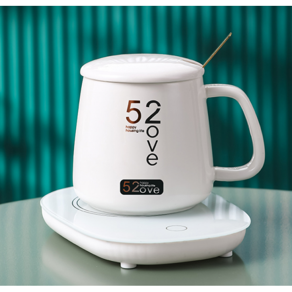 Чашка керамічна біла 52 Love Happy Life, з підставкою - підігрівом, зарядкою USB та ложечкою в упаковці-пакеті, 350 мл