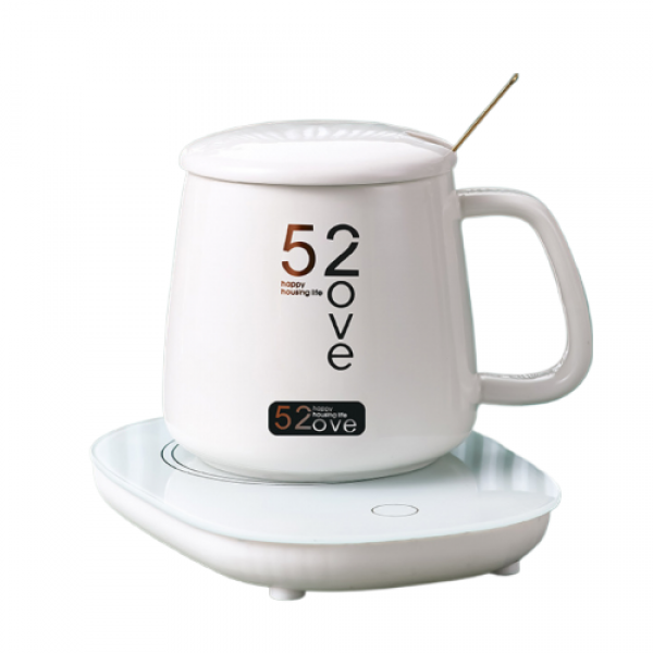 Чашка керамічна біла 52 Love Happy Life, з підставкою - підігрівом, зарядкою USB та ложечкою в упаковці-пакеті, 350 мл