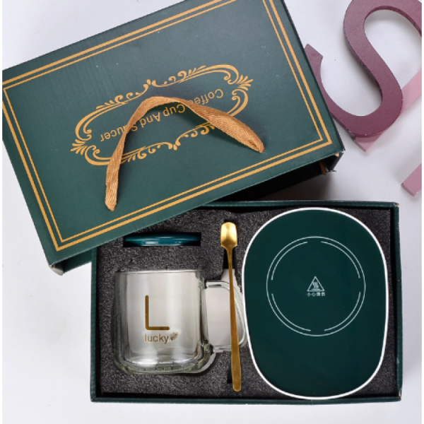 Чашка стеклянная "Lucky" с подставкой – подогревом, зеленой крышкой, китайской вилкой и ложечкой в упаковке, 500 мл