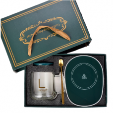 Чашка стеклянная "Lucky" с подставкой – подогревом, зеленой крышкой, китайской вилкой и ложечкой в упаковке, 500 мл