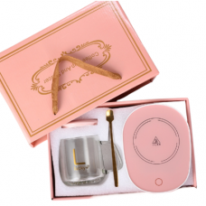 Кружка скляна "Lucky" з підставкою - підігрівом, рожевою кришкою, китайською вилкою та ложечкою в упаковці, 500 мл