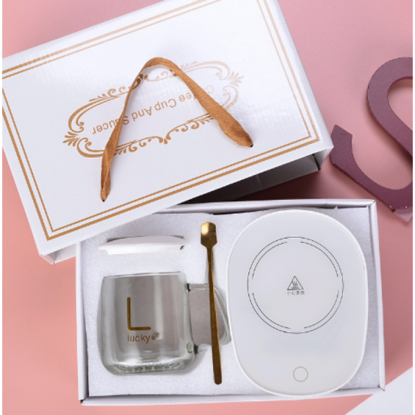 Кружка скляна "Lucky" з підставкою - підігрівом, білою кришкою, китайською вилкою та ложечкою в упаковці, 500 мл