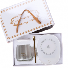 Кружка скляна "Lucky" з підставкою - підігрівом, білою кришкою, китайською вилкою та ложечкою в упаковці, 500 мл