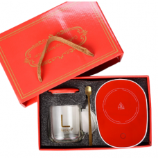 Кружка скляна "Lucky" з підставкою - підігрівом, червоною кришкою, китайською вилкою та ложечкою в упаковці, 500 мл