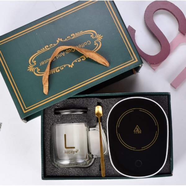 Кружка скляна "Lucky" з підставкою - підігрівом, чорною кришкою, китайською вилкою та ложечкою в упаковці, 500 мл