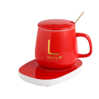 Чашка керамічна червона "Lucky" з підставкою - підігрівом, зарядкою USB і ложечкою, в упаковці, 350мл