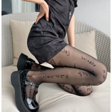Колготи жіночі в принт ієрогліфи, нейлонові жіночі колготки, чорні, S - L