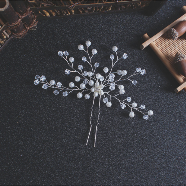 Шпилька для волосся з перлинами, "Tenderness", 13*11 см, срібло, 1 шт