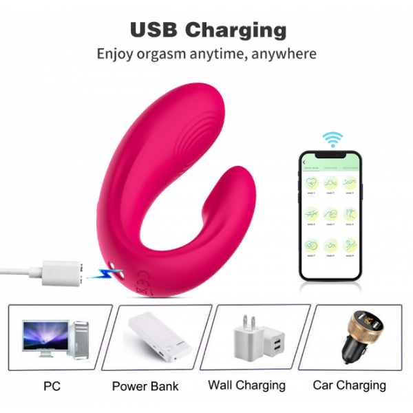 Вібратор жіночий подвійний, U-подібної форми, віброяйце, зі смарт управлінням, фіолетовий