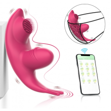 Вібратор жіночий з вібровусиками, для потрійного стимулювання, зі смарт управлінням, рожевий