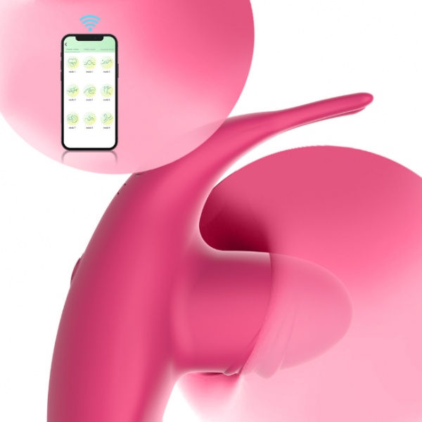 Вібратор жіночий з вібровусиками, для потрійного стимулювання, зі смарт управлінням, рожевий