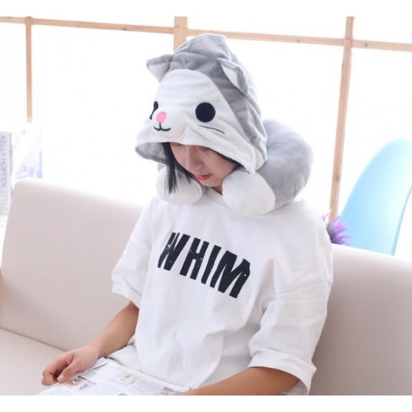 Подушка в дорогу з капюшоном "Сіра з Білим Кішечка", 1шт Подушка в дорогу з капюшоном "Сіра з Білим Кішечка", 1шт