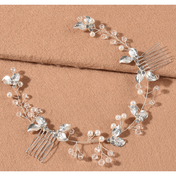 Шпилька - гребінець для волосся, зі стеклярусом та перлами, срібло, 32 см