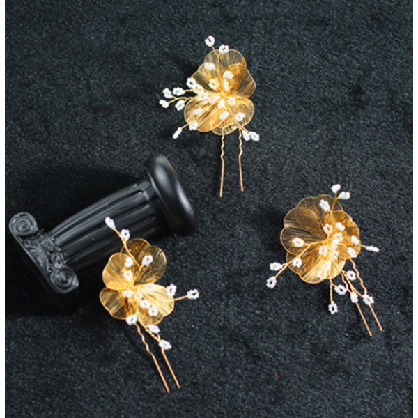 Набір шпильок для волосся у формі квітки, золото, 1уп (3 шт) Набір шпильок для волосся у формі квітки, золото, 1уп (3 шт)